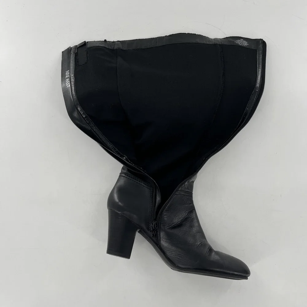 Nine West Knee High Leather Tall Dress Boots Black 9 Mid Heel Side‎ Zip Alysia